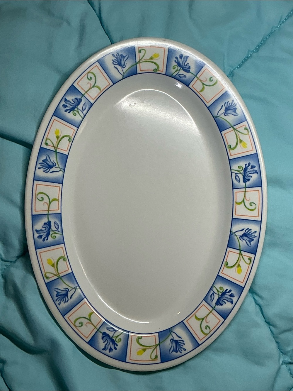 Plastic Vines Styled Flowers Serving Platter with Blue & Yellow Floral Border